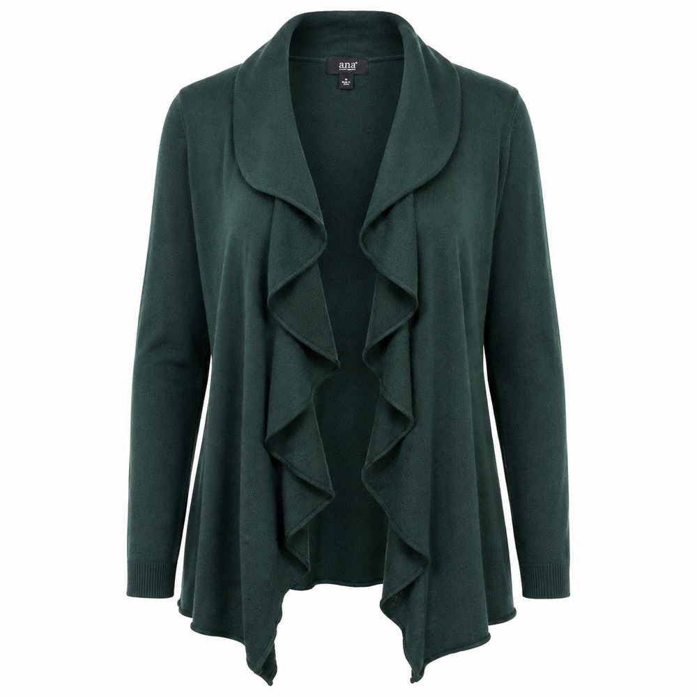 ana Cardigan Open Front Ruffle 100% Acrylic Small Green Long Sleeve Shawl Collar